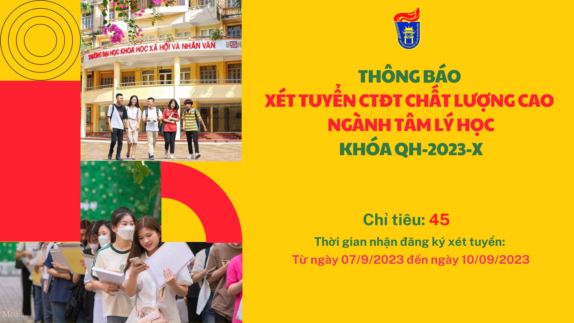 Thông báo xét tuyển CTĐT chất lượng cao ngành Tâm lý học khóa QH - 2023 - X